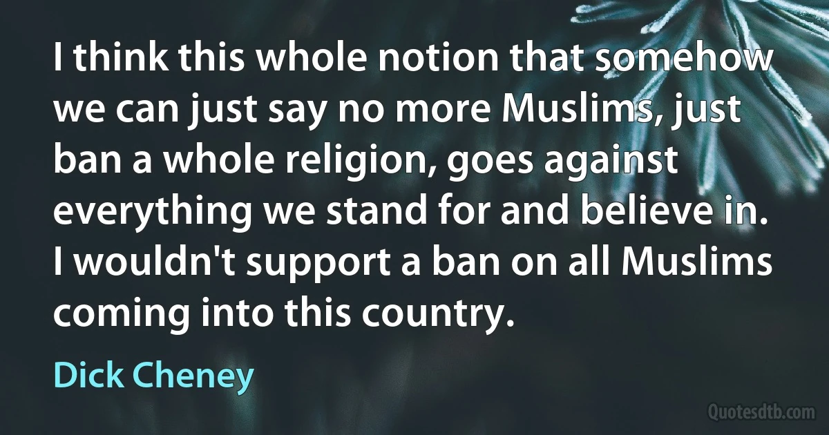 I think this whole notion that somehow we can just say no more Muslims, just ban a whole religion, goes against everything we stand for and believe in. I wouldn't support a ban on all Muslims coming into this country. (Dick Cheney)