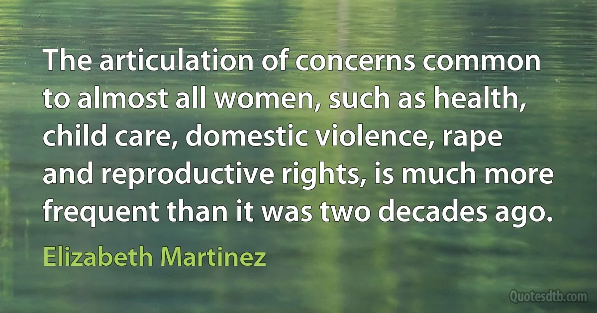 The articulation of concerns common to almost all women, such as health, child care, domestic violence, rape and reproductive rights, is much more frequent than it was two decades ago. (Elizabeth Martinez)