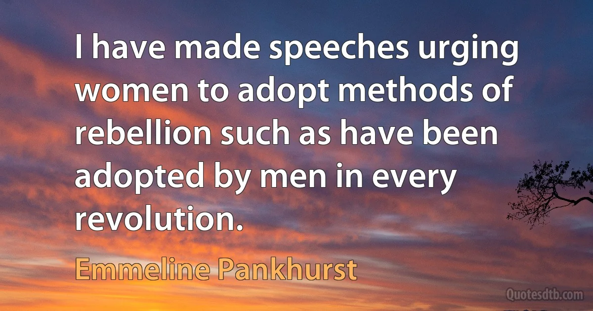 I have made speeches urging women to adopt methods of rebellion such as have been adopted by men in every revolution. (Emmeline Pankhurst)