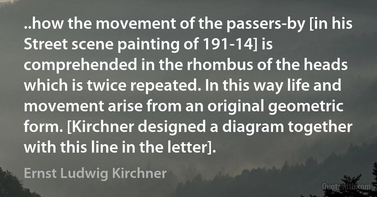 ..how the movement of the passers-by [in his Street scene painting of 191-14] is comprehended in the rhombus of the heads which is twice repeated. In this way life and movement arise from an original geometric form. [Kirchner designed a diagram together with this line in the letter]. (Ernst Ludwig Kirchner)