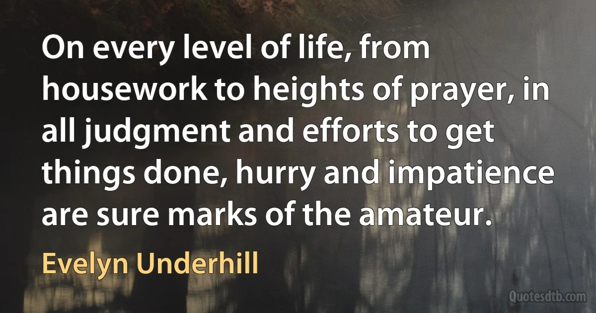 On every level of life, from housework to heights of prayer, in all judgment and efforts to get things done, hurry and impatience are sure marks of the amateur. (Evelyn Underhill)