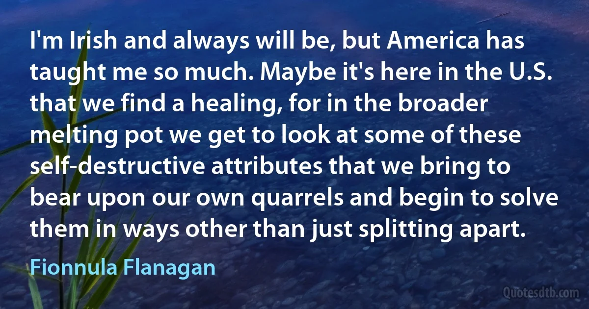 I'm Irish and always will be, but America has taught me so much. Maybe it's here in the U.S. that we find a healing, for in the broader melting pot we get to look at some of these self-destructive attributes that we bring to bear upon our own quarrels and begin to solve them in ways other than just splitting apart. (Fionnula Flanagan)