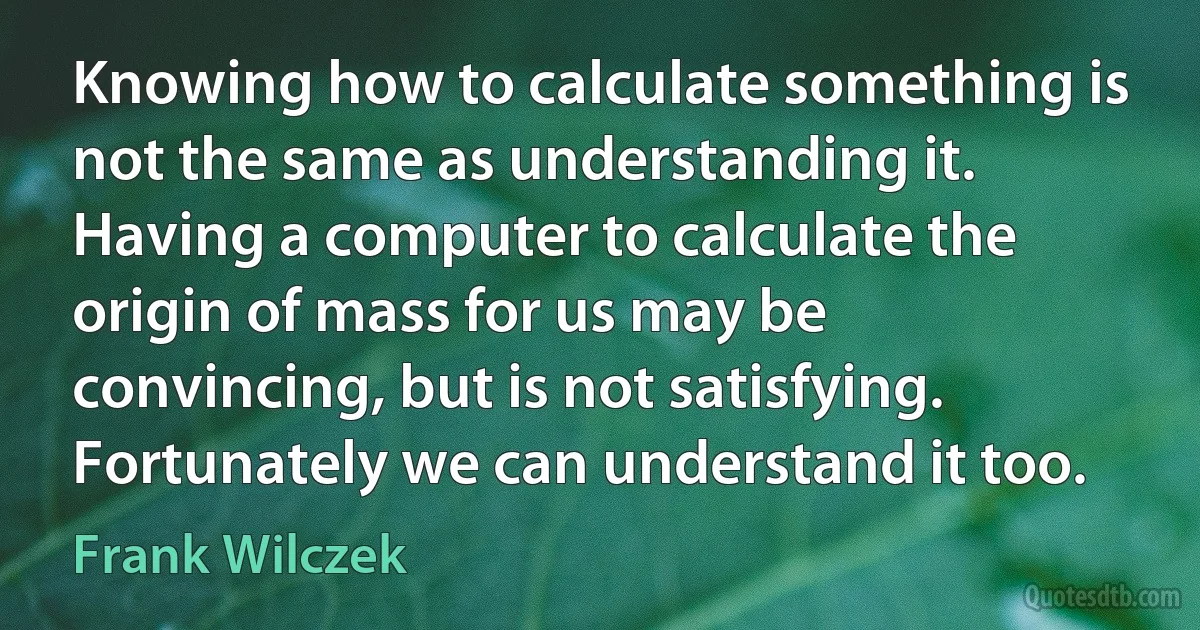 Knowing how to calculate something is not the same as understanding it. Having a computer to calculate the origin of mass for us may be convincing, but is not satisfying. Fortunately we can understand it too. (Frank Wilczek)