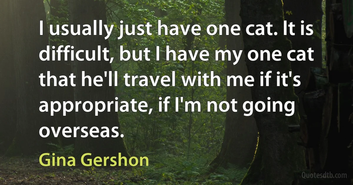 I usually just have one cat. It is difficult, but I have my one cat that he'll travel with me if it's appropriate, if I'm not going overseas. (Gina Gershon)