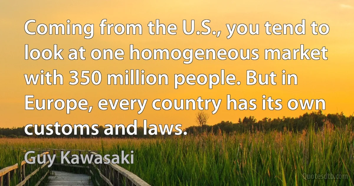 Coming from the U.S., you tend to look at one homogeneous market with 350 million people. But in Europe, every country has its own customs and laws. (Guy Kawasaki)