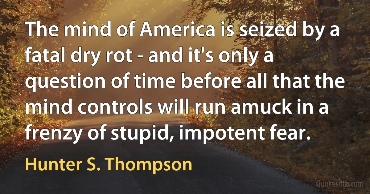 The mind of America is seized by a fatal dry rot - and it's only a question of time before all that the mind controls will run amuck in a frenzy of stupid, impotent fear. (Hunter S. Thompson)