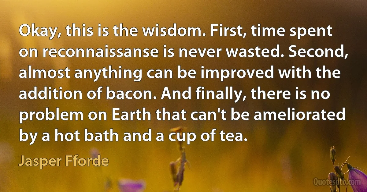 Okay, this is the wisdom. First, time spent on reconnaissanse is never wasted. Second, almost anything can be improved with the addition of bacon. And finally, there is no problem on Earth that can't be ameliorated by a hot bath and a cup of tea. (Jasper Fforde)