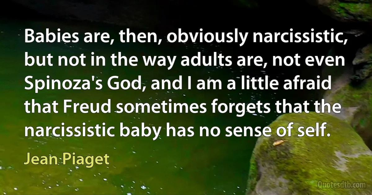 Babies are, then, obviously narcissistic, but not in the way adults are, not even Spinoza's God, and I am a little afraid that Freud sometimes forgets that the narcissistic baby has no sense of self. (Jean Piaget)