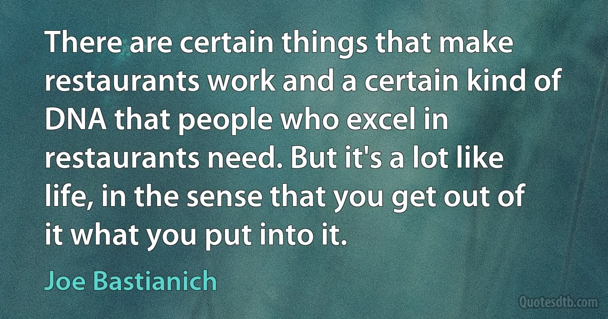 There are certain things that make restaurants work and a certain kind of DNA that people who excel in restaurants need. But it's a lot like life, in the sense that you get out of it what you put into it. (Joe Bastianich)