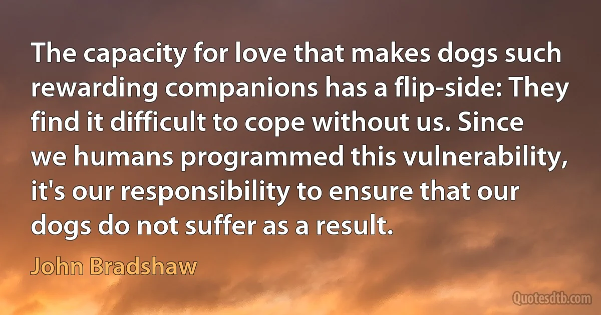 The capacity for love that makes dogs such rewarding companions has a flip-side: They find it difficult to cope without us. Since we humans programmed this vulnerability, it's our responsibility to ensure that our dogs do not suffer as a result. (John Bradshaw)