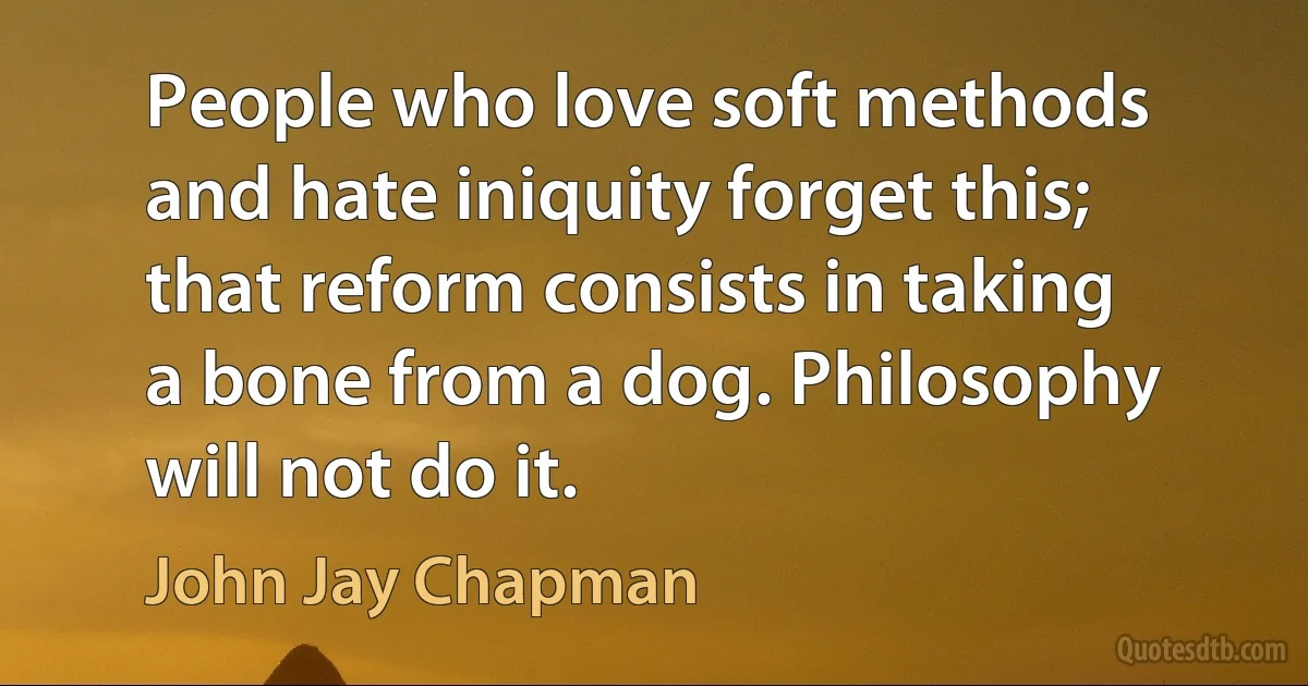 People who love soft methods and hate iniquity forget this; that reform consists in taking a bone from a dog. Philosophy will not do it. (John Jay Chapman)