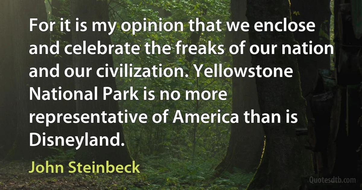 For it is my opinion that we enclose and celebrate the freaks of our nation and our civilization. Yellowstone National Park is no more representative of America than is Disneyland. (John Steinbeck)