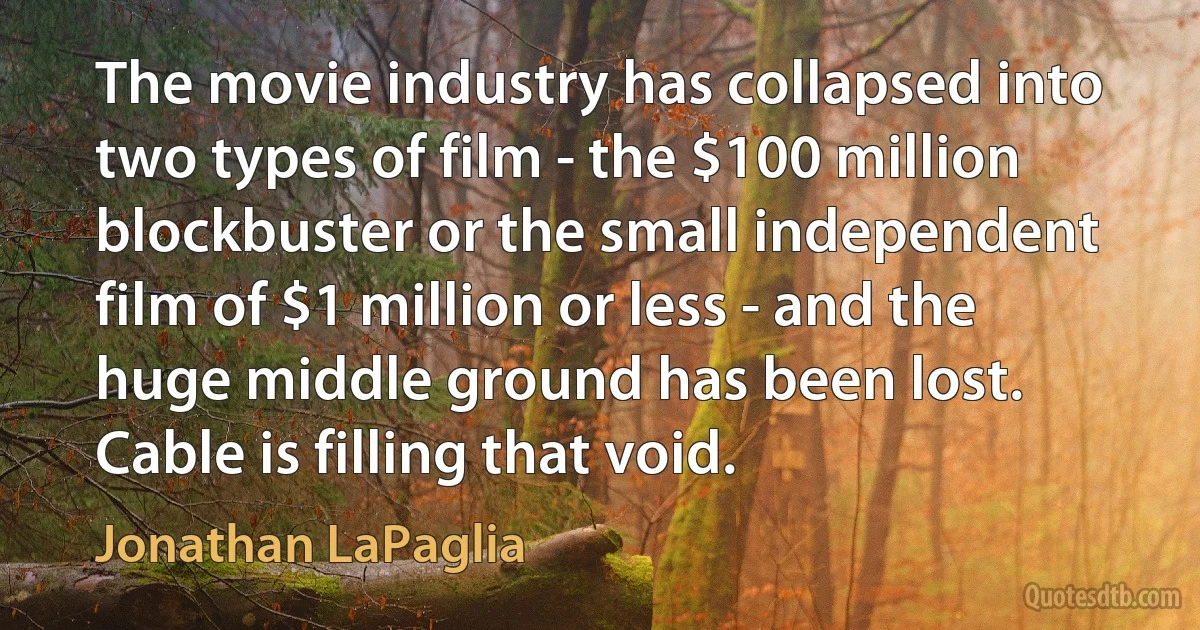 The movie industry has collapsed into two types of film - the $100 million blockbuster or the small independent film of $1 million or less - and the huge middle ground has been lost. Cable is filling that void. (Jonathan LaPaglia)