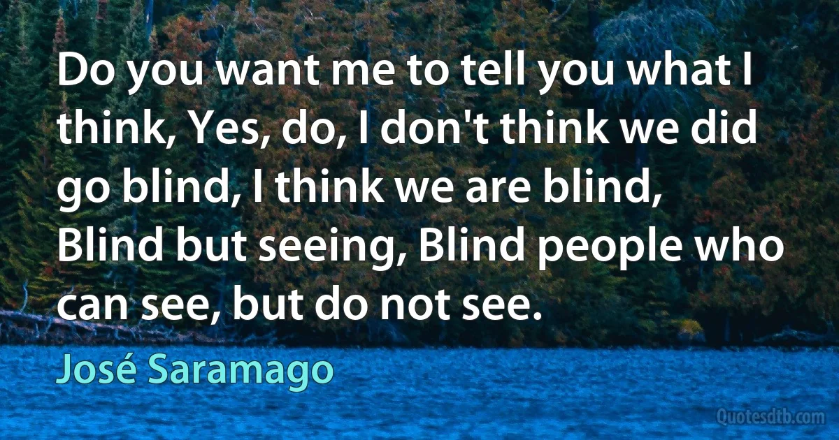 Do you want me to tell you what I think, Yes, do, I don't think we did go blind, I think we are blind, Blind but seeing, Blind people who can see, but do not see. (José Saramago)