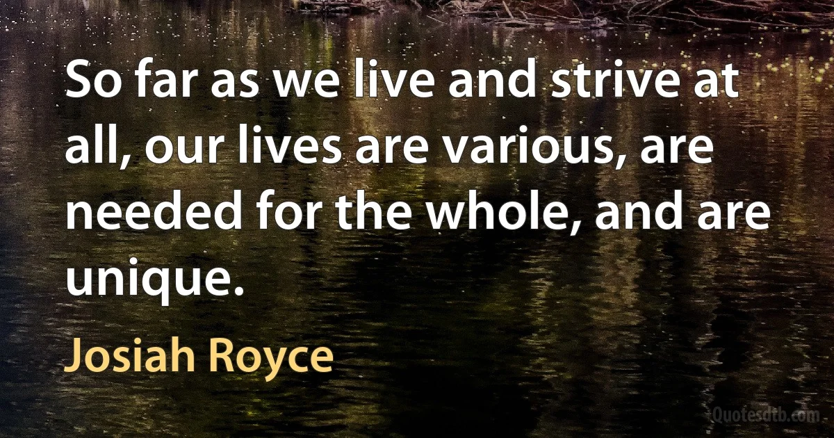 So far as we live and strive at all, our lives are various, are needed for the whole, and are unique. (Josiah Royce)