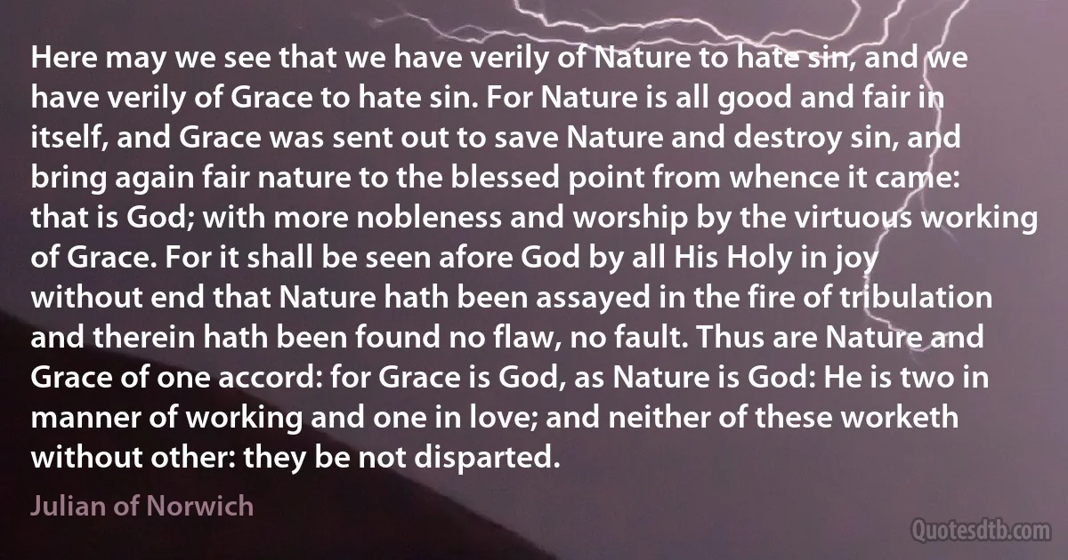 Here may we see that we have verily of Nature to hate sin, and we have verily of Grace to hate sin. For Nature is all good and fair in itself, and Grace was sent out to save Nature and destroy sin, and bring again fair nature to the blessed point from whence it came: that is God; with more nobleness and worship by the virtuous working of Grace. For it shall be seen afore God by all His Holy in joy without end that Nature hath been assayed in the fire of tribulation and therein hath been found no flaw, no fault. Thus are Nature and Grace of one accord: for Grace is God, as Nature is God: He is two in manner of working and one in love; and neither of these worketh without other: they be not disparted. (Julian of Norwich)