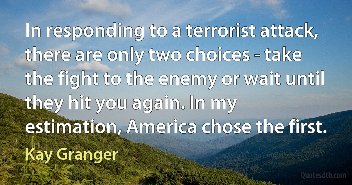 In responding to a terrorist attack, there are only two choices - take the fight to the enemy or wait until they hit you again. In my estimation, America chose the first. (Kay Granger)