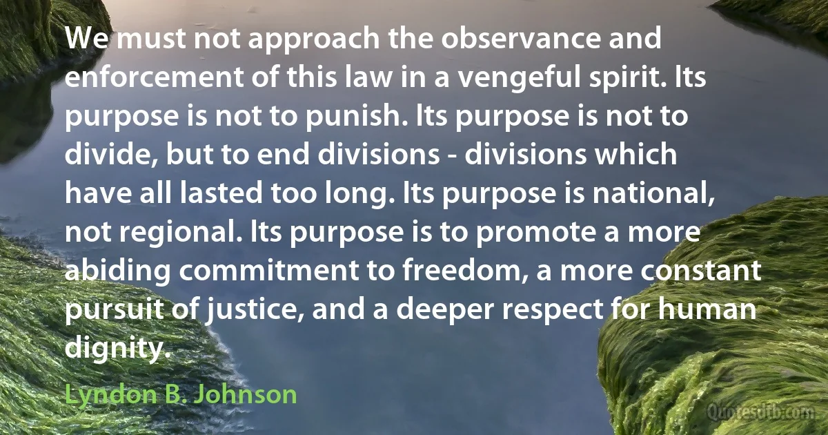 We must not approach the observance and enforcement of this law in a vengeful spirit. Its purpose is not to punish. Its purpose is not to divide, but to end divisions - divisions which have all lasted too long. Its purpose is national, not regional. Its purpose is to promote a more abiding commitment to freedom, a more constant pursuit of justice, and a deeper respect for human dignity. (Lyndon B. Johnson)