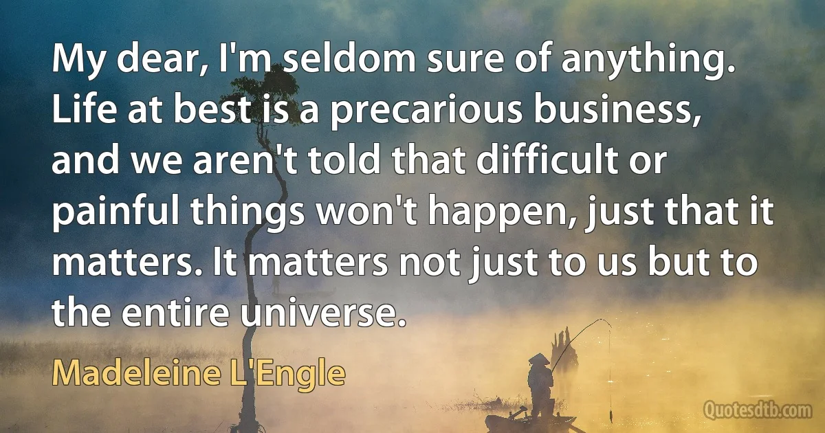 My dear, I'm seldom sure of anything. Life at best is a precarious business, and we aren't told that difficult or painful things won't happen, just that it matters. It matters not just to us but to the entire universe. (Madeleine L'Engle)