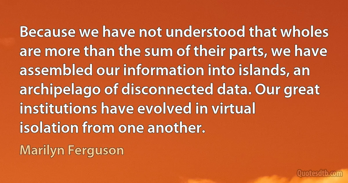 Because we have not understood that wholes are more than the sum of their parts, we have assembled our information into islands, an archipelago of disconnected data. Our great institutions have evolved in virtual isolation from one another. (Marilyn Ferguson)