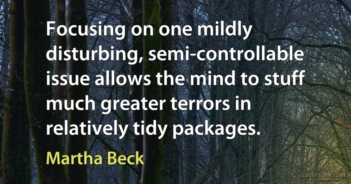 Focusing on one mildly disturbing, semi-controllable issue allows the mind to stuff much greater terrors in relatively tidy packages. (Martha Beck)