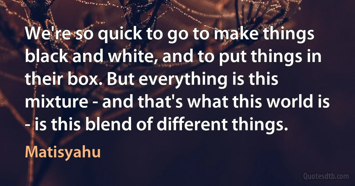 We're so quick to go to make things black and white, and to put things in their box. But everything is this mixture - and that's what this world is - is this blend of different things. (Matisyahu)