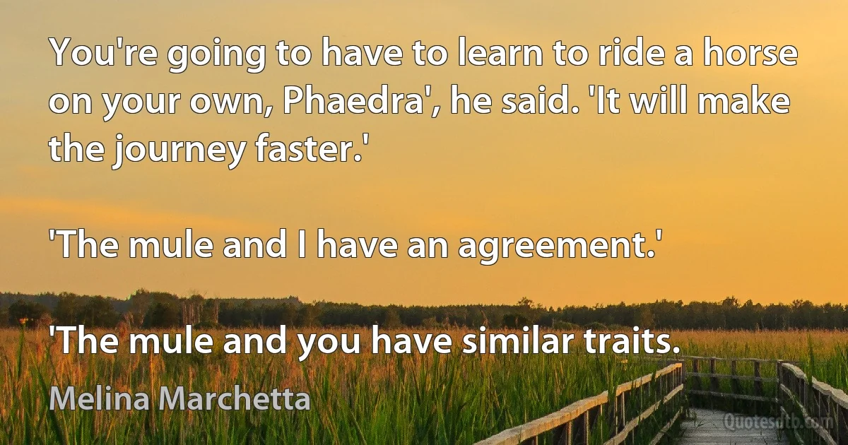 You're going to have to learn to ride a horse on your own, Phaedra', he said. 'It will make the journey faster.'

'The mule and I have an agreement.'

'The mule and you have similar traits. (Melina Marchetta)