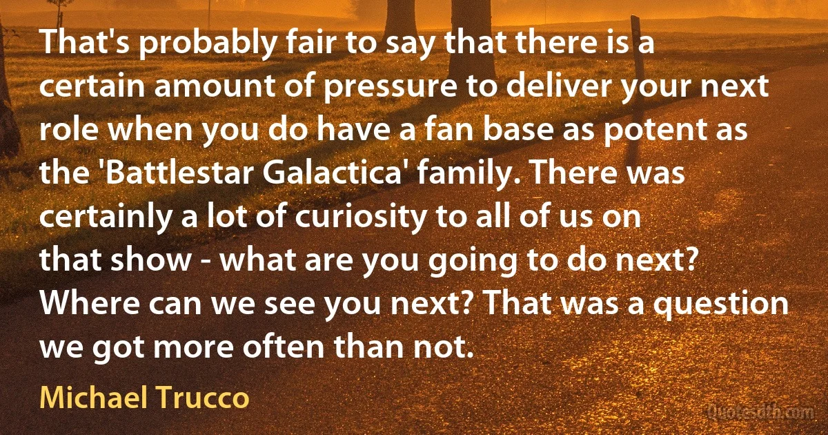 That's probably fair to say that there is a certain amount of pressure to deliver your next role when you do have a fan base as potent as the 'Battlestar Galactica' family. There was certainly a lot of curiosity to all of us on that show - what are you going to do next? Where can we see you next? That was a question we got more often than not. (Michael Trucco)