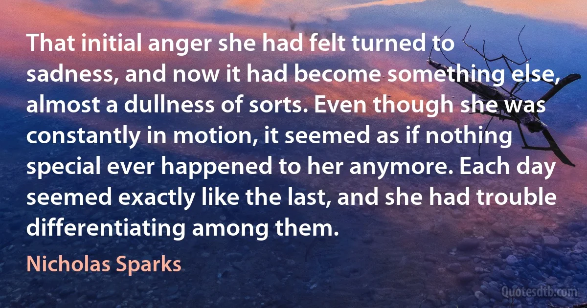 That initial anger she had felt turned to sadness, and now it had become something else, almost a dullness of sorts. Even though she was constantly in motion, it seemed as if nothing special ever happened to her anymore. Each day seemed exactly like the last, and she had trouble differentiating among them. (Nicholas Sparks)