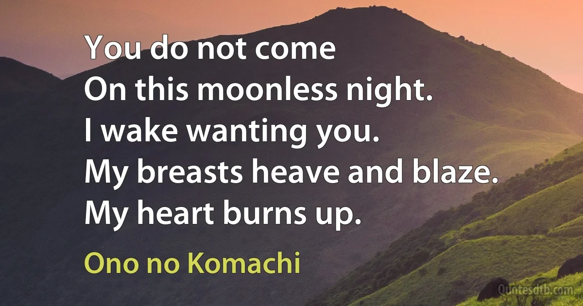 You do not come
On this moonless night.
I wake wanting you.
My breasts heave and blaze.
My heart burns up. (Ono no Komachi)