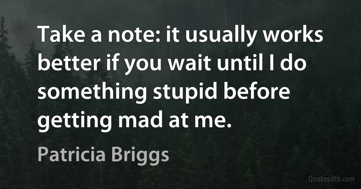 Take a note: it usually works better if you wait until I do something stupid before getting mad at me. (Patricia Briggs)