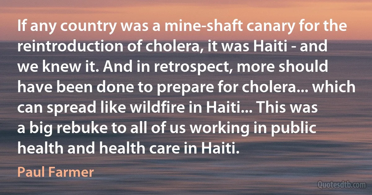 If any country was a mine-shaft canary for the reintroduction of cholera, it was Haiti - and we knew it. And in retrospect, more should have been done to prepare for cholera... which can spread like wildfire in Haiti... This was a big rebuke to all of us working in public health and health care in Haiti. (Paul Farmer)