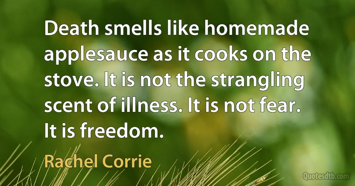 Death smells like homemade applesauce as it cooks on the stove. It is not the strangling scent of illness. It is not fear. It is freedom. (Rachel Corrie)