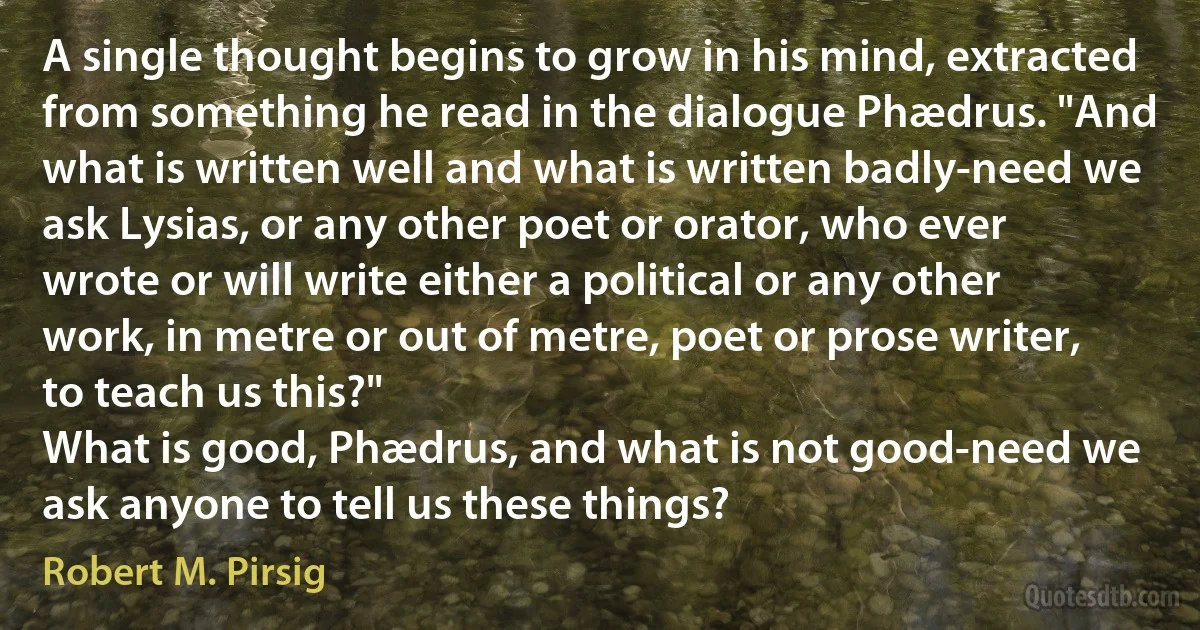 A single thought begins to grow in his mind, extracted from something he read in the dialogue Phædrus. "And what is written well and what is written badly-need we ask Lysias, or any other poet or orator, who ever wrote or will write either a political or any other work, in metre or out of metre, poet or prose writer, to teach us this?"
What is good, Phædrus, and what is not good-need we ask anyone to tell us these things? (Robert M. Pirsig)