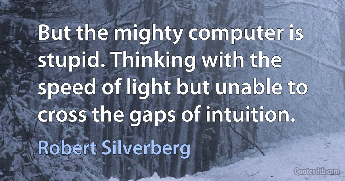 But the mighty computer is stupid. Thinking with the speed of light but unable to cross the gaps of intuition. (Robert Silverberg)