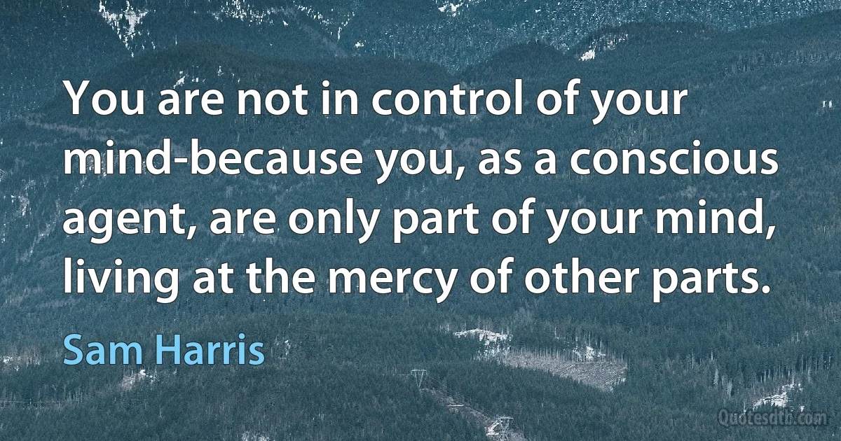 You are not in control of your mind-because you, as a conscious agent, are only part of your mind, living at the mercy of other parts. (Sam Harris)