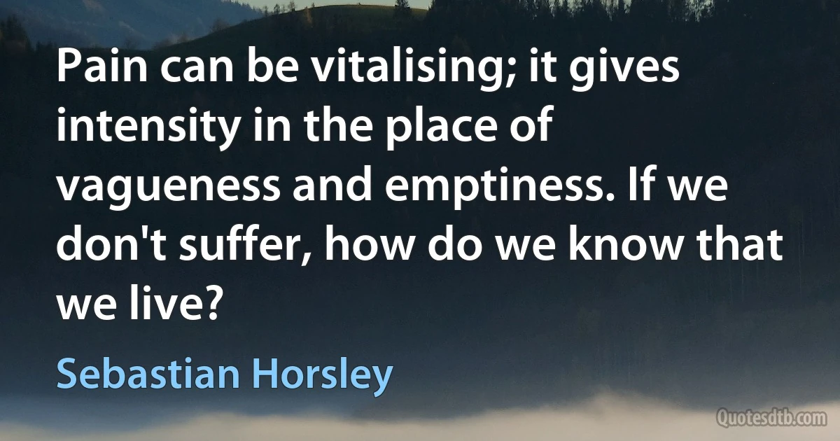 Pain can be vitalising; it gives intensity in the place of vagueness and emptiness. If we don't suffer, how do we know that we live? (Sebastian Horsley)