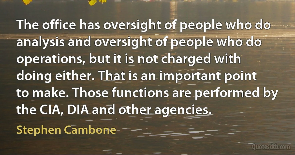 The office has oversight of people who do analysis and oversight of people who do operations, but it is not charged with doing either. That is an important point to make. Those functions are performed by the CIA, DIA and other agencies. (Stephen Cambone)