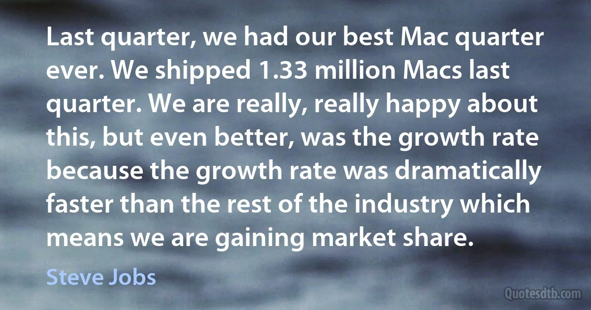 Last quarter, we had our best Mac quarter ever. We shipped 1.33 million Macs last quarter. We are really, really happy about this, but even better, was the growth rate because the growth rate was dramatically faster than the rest of the industry which means we are gaining market share. (Steve Jobs)