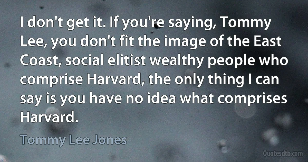 I don't get it. If you're saying, Tommy Lee, you don't fit the image of the East Coast, social elitist wealthy people who comprise Harvard, the only thing I can say is you have no idea what comprises Harvard. (Tommy Lee Jones)