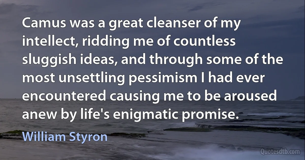 Camus was a great cleanser of my intellect, ridding me of countless sluggish ideas, and through some of the most unsettling pessimism I had ever encountered causing me to be aroused anew by life's enigmatic promise. (William Styron)