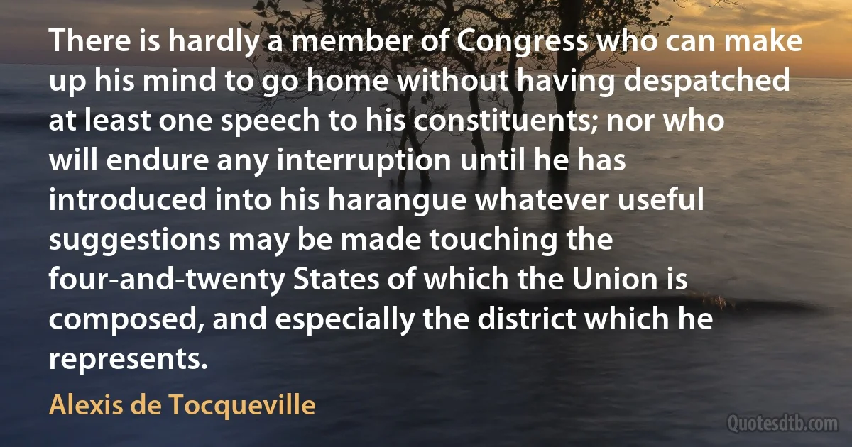 There is hardly a member of Congress who can make up his mind to go home without having despatched at least one speech to his constituents; nor who will endure any interruption until he has introduced into his harangue whatever useful suggestions may be made touching the four-and-twenty States of which the Union is composed, and especially the district which he represents. (Alexis de Tocqueville)