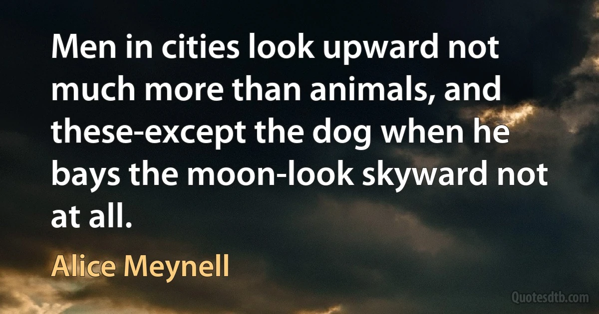 Men in cities look upward not much more than animals, and these-except the dog when he bays the moon-look skyward not at all. (Alice Meynell)