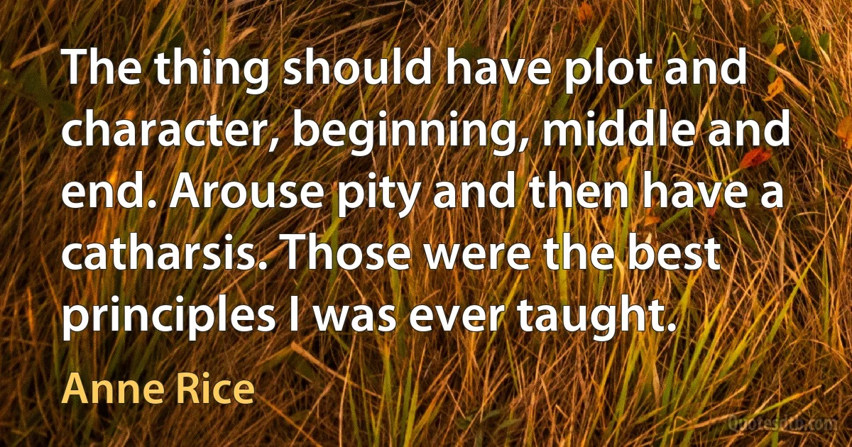 The thing should have plot and character, beginning, middle and end. Arouse pity and then have a catharsis. Those were the best principles I was ever taught. (Anne Rice)