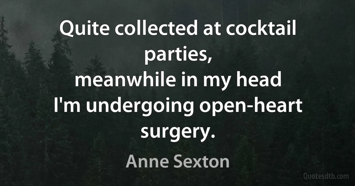 Quite collected at cocktail parties,
meanwhile in my head
I'm undergoing open-heart surgery. (Anne Sexton)