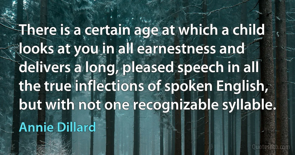 There is a certain age at which a child looks at you in all earnestness and delivers a long, pleased speech in all the true inflections of spoken English, but with not one recognizable syllable. (Annie Dillard)