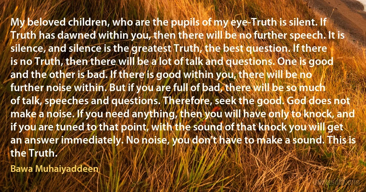 My beloved children, who are the pupils of my eye-Truth is silent. If Truth has dawned within you, then there will be no further speech. It is silence, and silence is the greatest Truth, the best question. If there is no Truth, then there will be a lot of talk and questions. One is good and the other is bad. If there is good within you, there will be no further noise within. But if you are full of bad, there will be so much of talk, speeches and questions. Therefore, seek the good. God does not make a noise. If you need anything, then you will have only to knock, and if you are tuned to that point, with the sound of that knock you will get an answer immediately. No noise, you don't have to make a sound. This is the Truth. (Bawa Muhaiyaddeen)