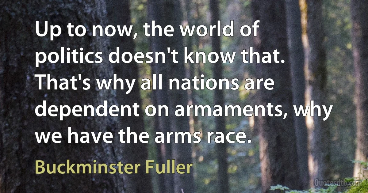 Up to now, the world of politics doesn't know that. That's why all nations are dependent on armaments, why we have the arms race. (Buckminster Fuller)