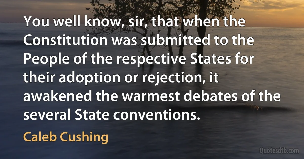 You well know, sir, that when the Constitution was submitted to the People of the respective States for their adoption or rejection, it awakened the warmest debates of the several State conventions. (Caleb Cushing)