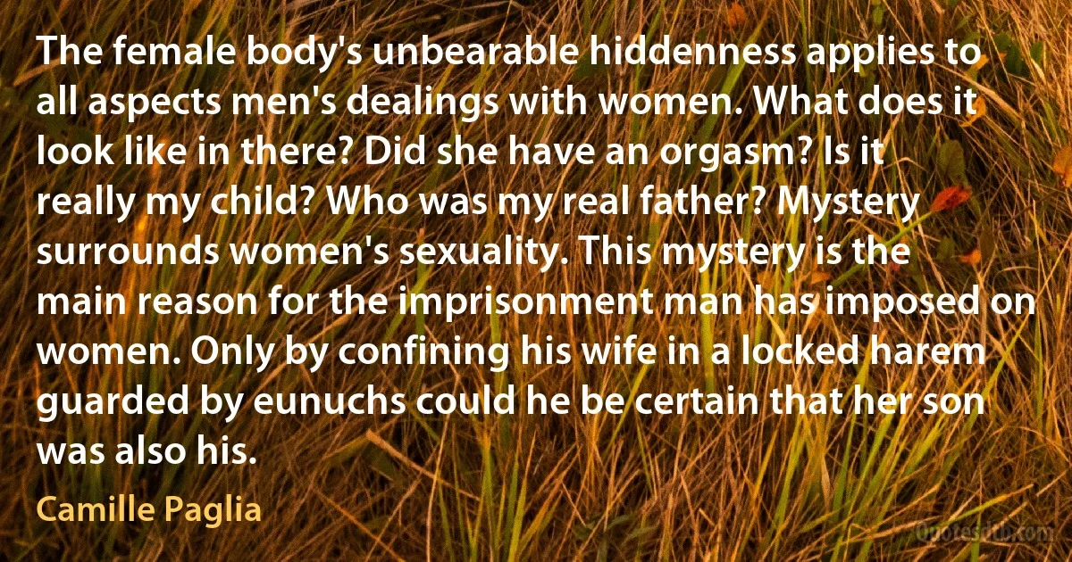 The female body's unbearable hiddenness applies to all aspects men's dealings with women. What does it look like in there? Did she have an orgasm? Is it really my child? Who was my real father? Mystery surrounds women's sexuality. This mystery is the main reason for the imprisonment man has imposed on women. Only by confining his wife in a locked harem guarded by eunuchs could he be certain that her son was also his. (Camille Paglia)